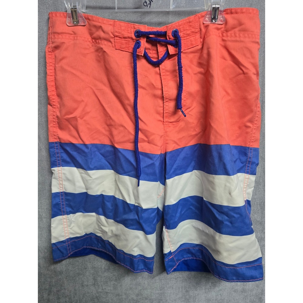 Hollister Mens Board Shorts XL Orange Blue White Striped Swim Trunks Colorblock‎